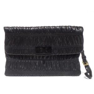 PRADA Black Leather Ruched Flap Wristlet Clutch